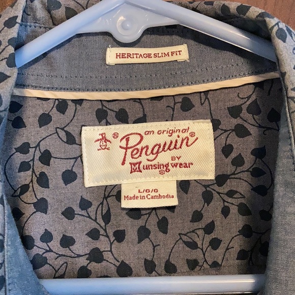 Original Penguin by Munsingwear Large Heritage Slim Fit Button Up Blue Ivy Shirt - Picture 2 of 5